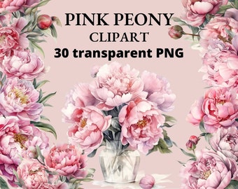 Pink Peony Watercolor Clipart: 30 Flower PNG Bundle (Digital Download)