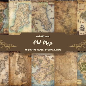 10 Papel imprimible de Treasure Island, Papel digital de mapa de fantasía, Mapa antiguo, Papel de diario basura, Efímera, Álbum de recortes, Collage, Kit de diario basura