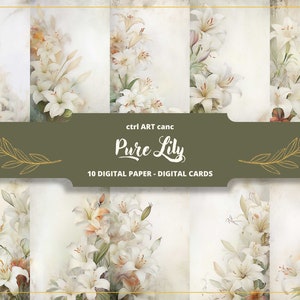 Papel digital Pure Lily, papel de invitación floral de boda, papel digital, página de diario basura, papel de carta, álbum de recortes, collage, diario basura