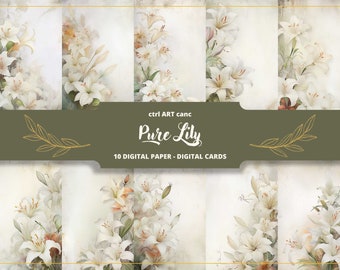 Lily Floral Digital Paper: Wedding Invitation, Scrapbook (JPEG Files)