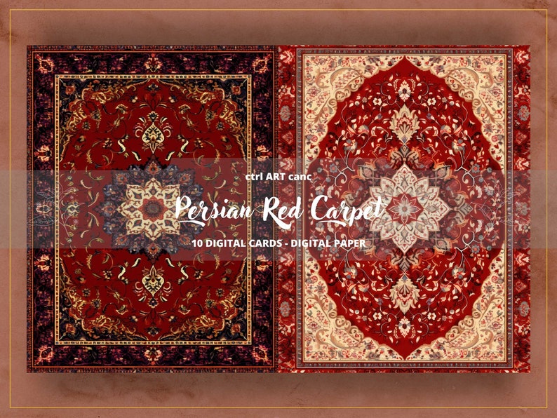 May include: Two digital paper designs featuring a red Persian carpet with intricate patterns. The text "ctrl ART canc Persian Red Carpet 10 DIGITAL CARDS - DIGITAL PAPER" is displayed below the images.