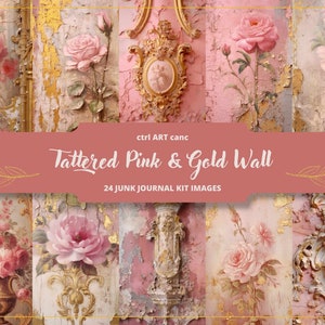 24 Tattered Pink & Gold Wall Printable, Pink Printable, Journal Kit, Journal Pages, Scrapbooking, Journal Supplies, Junk Journal, Ephemera