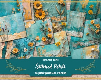Floral Teal Scrapbook Paper: Lace Collage Journal Kit (Digital)