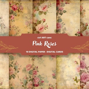 10 carta digitale rosa, vecchia carta, rose rosa, carta digitale rose, vecchia carta, carta di diario, pulcino squallido, scrapbooking, collage, diario spazzatura