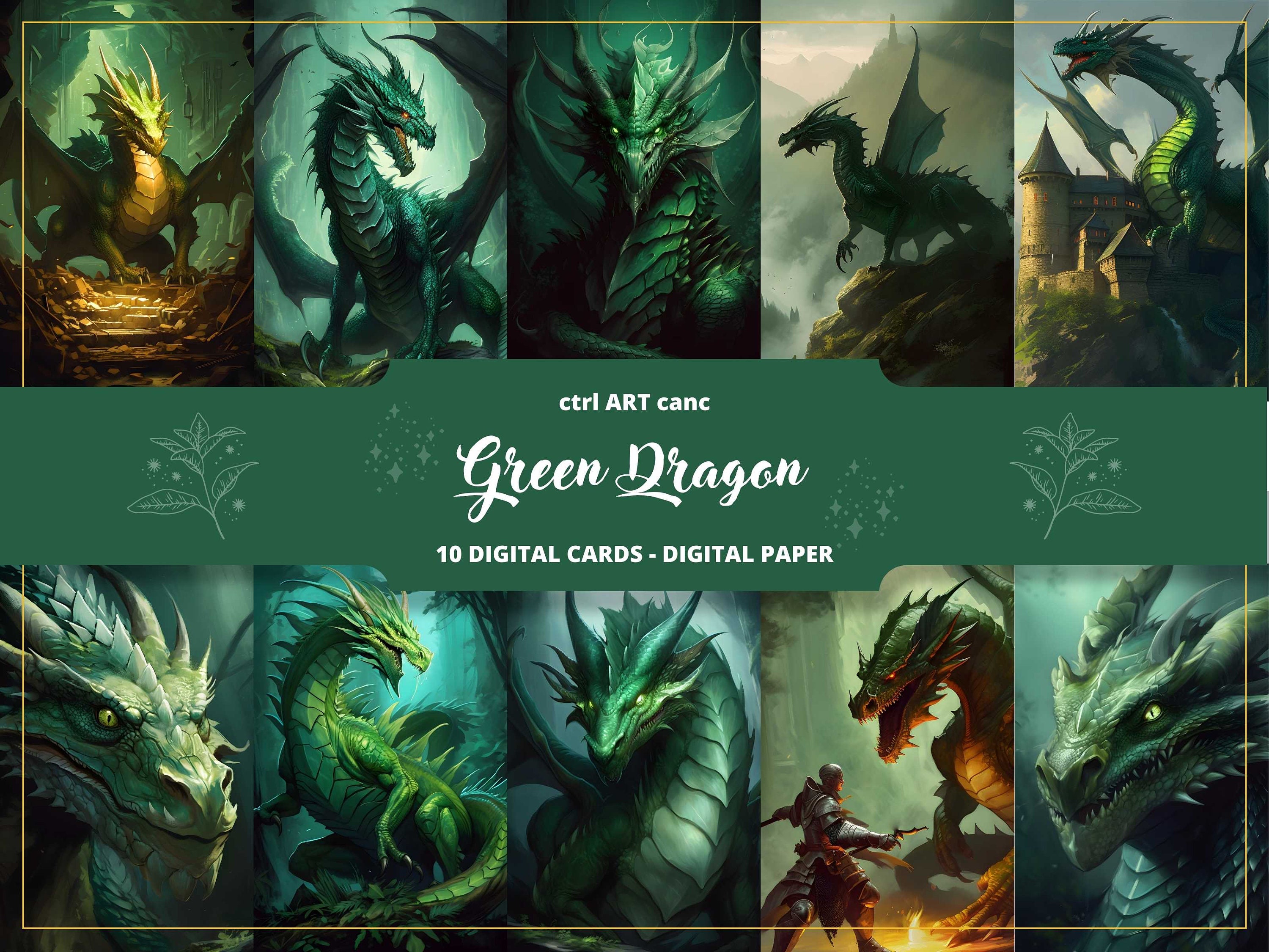 10 Green Dragon Digital Paper Green Dragon Cards Forest Etsy