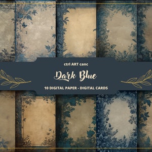 10 imprimible en azul oscuro, papel digital azul oscuro, página de diario, papel de carta, efímera, álbum de recortes, scrapbooking de flores, collage, diario basura