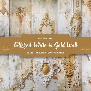 10 Tattered White & Gold Wall Printable, White Printable, Journal Kit, Journal Pages, Scrapbooking, Journal Supplies, Junk Journal, Ephemera