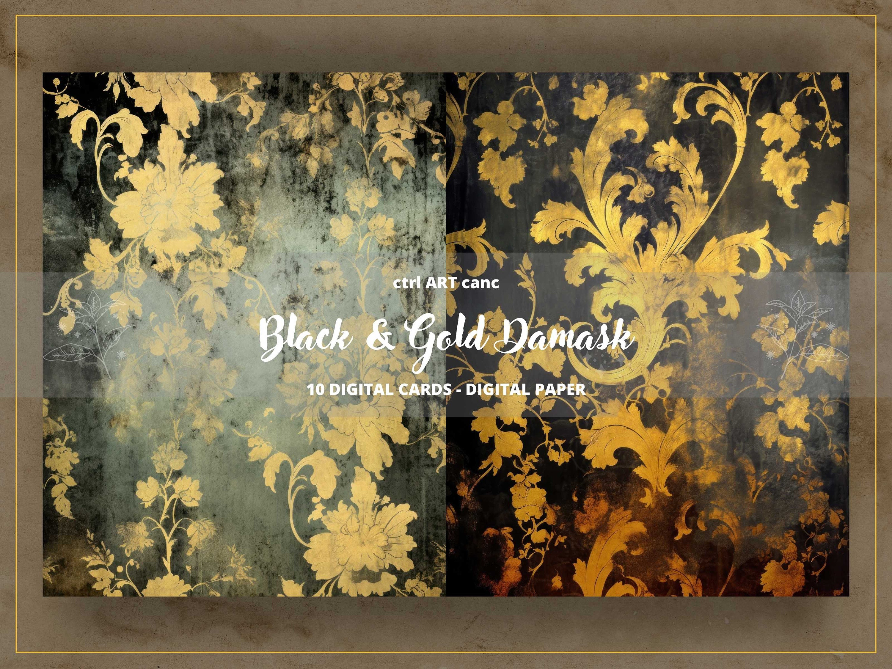 Tattered Black and Gold Damask Printable Black & Gold Paper Etsy