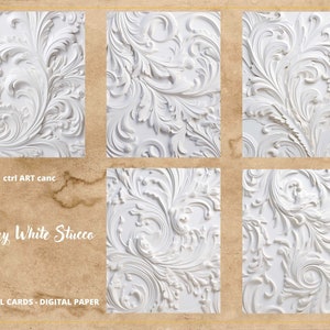 K&ouml;nnte beinhalten: Zehn digitale Karten mit einem wei&szlig;en Stuckmuster mit komplizierten floralen Designs. Die Karten sind perfekt f&uuml;r digitales Scrapbooking, Basteln und das Erstellen von Einladungen.