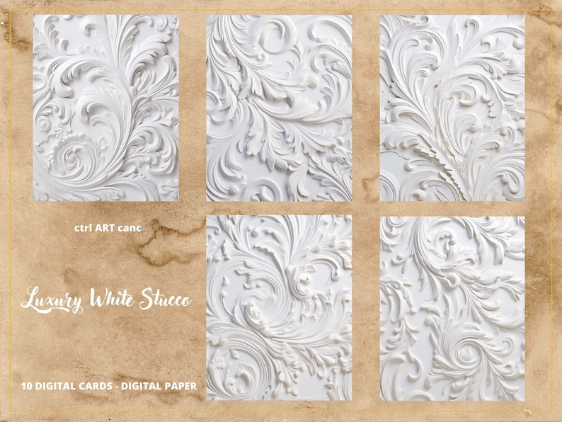 K&ouml;nnte beinhalten: Zehn digitale Karten mit einem wei&szlig;en Stuckmuster mit komplizierten floralen Designs. Die Karten sind perfekt f&uuml;r digitales Scrapbooking, Basteln und das Erstellen von Einladungen.