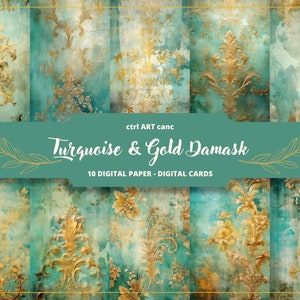 Tattered Türkis und Gold Damast zum Ausdrucken, Türkises Papier, Journal Kit, Journal Seiten, Scrapbooking, Junk Journal Zubehör, Ephemera