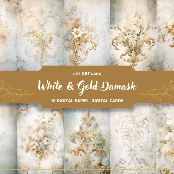 Tattered White And Gold Damask Printable, White & Gold Paper, Journal Kit, Journal Pages, Scrapbooking, Junk Journal Supplies, Ephemera