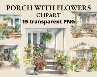 Clipart de acuarela de porche florido: Plantas de patio (Descarga digital PNG)