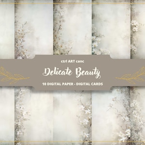 Papel digital de belleza delicada, papel de invitación floral blanco, papel digital, papel antiguo, papel de carta, scrapbooking, collage, diario basura