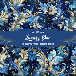 Luxury Blue Digital Paper, Blue Damask Paper, Blue Graphic, Blue Background, Blue Decoration, Scrapbooking, Collage, Junk Journal