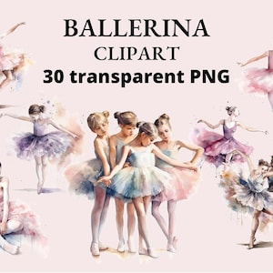 30 Ballerina Aquarell Clipart, Tanz Clipart, Tanz Druck, Ballerina Clipart, Kindergarten Clipart, Tanzende Mädchen, Junk-Journal, PNG-Bundle