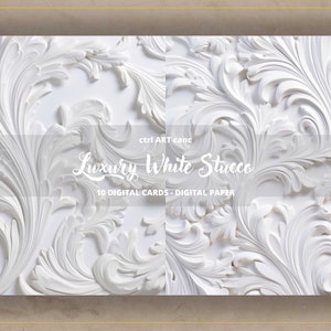 K&ouml;nnte beinhalten: Wei&szlig;e Stuckwand mit aufwendigen floralen Mustern. Die Wand hat einen strukturierten 3D-Effekt. Der Text "Luxury White Stucco" und "10 DIGITAL CARDS - DIGITAL PAPER" ist auf die Wand gedruckt.