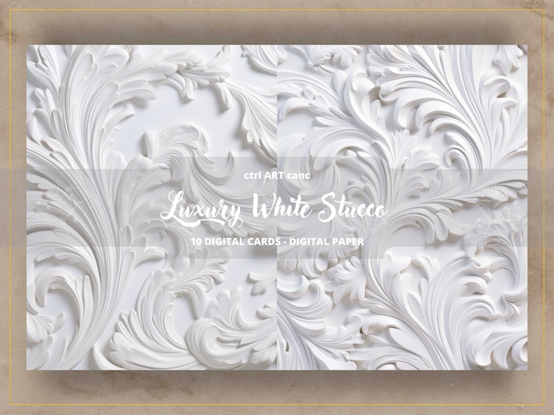 K&ouml;nnte beinhalten: Wei&szlig;e Stuckwand mit aufwendigen floralen Mustern. Die Wand hat einen strukturierten 3D-Effekt. Der Text "Luxury White Stucco" und "10 DIGITAL CARDS - DIGITAL PAPER" ist auf die Wand gedruckt.