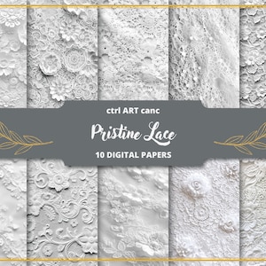 May include: A collection of ten digital papers featuring various white lace patterns. The designs include floral and geometric motifs, with a focus on texture and detail. The text "Pristine Lace" is displayed on a gray banner.