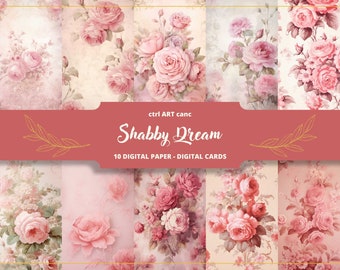 Peut inclure: Un pack de papier numérique avec 10 motifs floraux mettant en scène des roses roses et un style shabby chic. Le texte "Shabby Dream" est affiché sur une bannière rouge.
