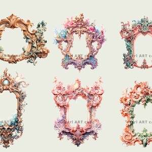 May include: A collection of six ornate, vintage-style frames in various shapes. The frames feature intricate scrollwork, floral accents, and a pastel color palette of peach, pink, and green. Each frame has a central, open space.