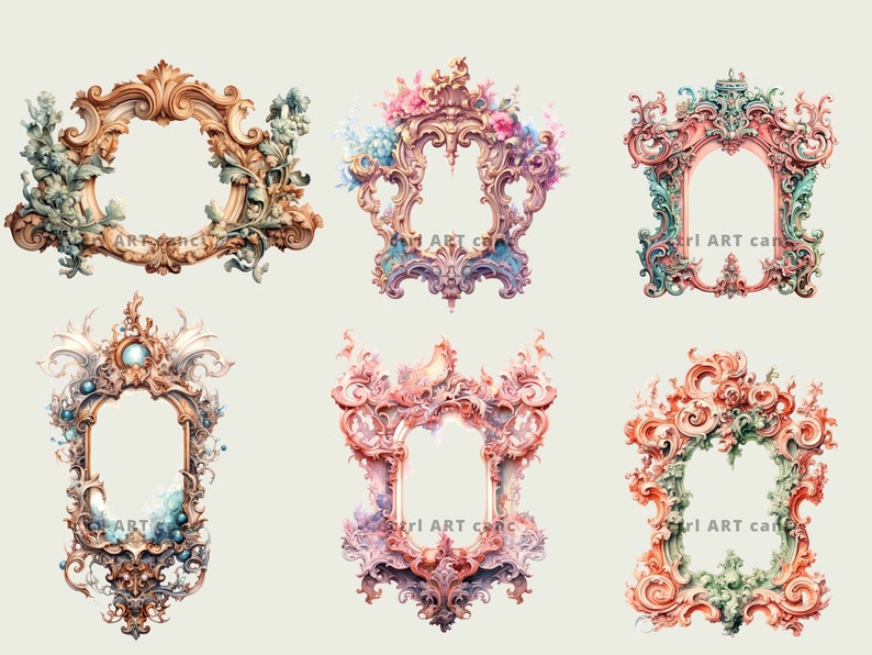 May include: A collection of six ornate, vintage-style frames in various shapes. The frames feature intricate scrollwork, floral accents, and a pastel color palette of peach, pink, and green. Each frame has a central, open space.