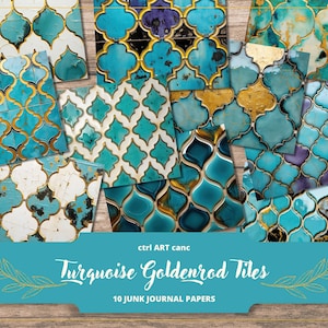 Op de afbeelding: Tien digitale papieren met een turquoise en gouden geometrisch tegelpatroon. De tegels hebben een verweerde, vintage uitstraling. De tekst "Turquoise Goldenrod Tiles" en "10 JUNK JOURNAL PAPERS" staat onderaan de afbeelding.