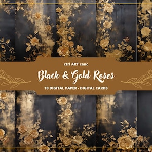 Junk Journal Digitaal Papier, Scrapbook Gold Journal Paper, Zwart en Goud Rozen Journaling Papier, Junk Journal, Antiek papier, Oud papier