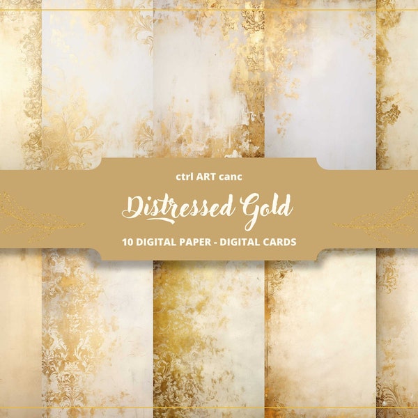 Gold Digital Paper for Junk Journal Gold Page for Scrapbook Gold Paper Tattered Paper Distressed Paper Gold Damask Digital Paper