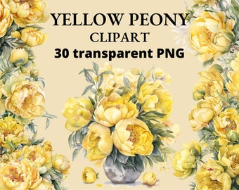 30 Watercolor Yellow Peony Clipart: Transparent Flower PNG (Digital Download)