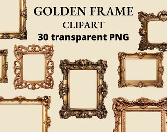 Złota ramka w stylu rokoko, clipart: Elegancki pakiet PNG (pobieranie cyfrowe)