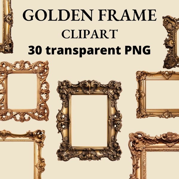 Golden Frame Clipart, Gold Frame, Rococo Frame, PNG, Transparent Clipart, Elegant Frame, Junk Journal, PNG Bundle, Collage, Memories