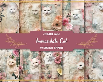 Weiße Katze Floral Digital Papier: Junk Journal, Scrapbook (Digitaler Download)