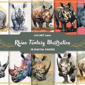Rhino Illustration Images POD Commercial Use Rhino Images for Print On Demand Item Printable Illustration Rhino Digital Paper Wall Art Kit