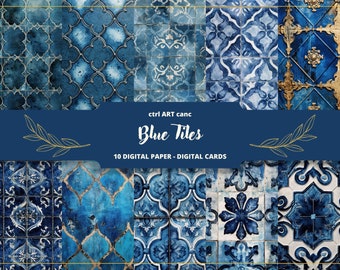 Blue Oriental Tiles Digital Paper: Junk Journal Kit (Digital Download)
