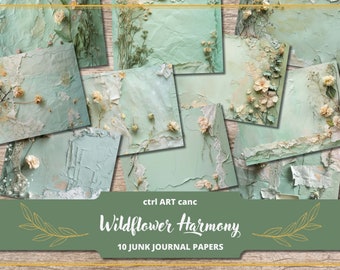 May include: A collection of ten junk journal papers with a distressed, textured appearance. The papers feature a muted green color with dried flowers and botanical elements. The text "Wildflower Harmony" is displayed.