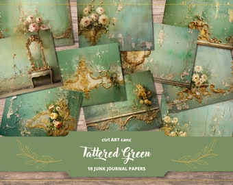 May include: Ten digital papers featuring distressed green backgrounds with gold accents and floral designs. The papers are perfect for junk journaling, scrapbooking, and other creative projects.