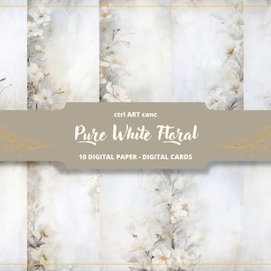 純白の花柄デジタルペーパー、招待状、デジタルペーパー、ジャーナルページ、ジャーナルキット、レターペーパー、スクラップブック、コラージュ、エフェメラ