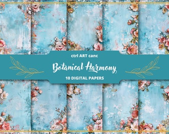 Blue Floral Junk Journal Kit: Printable Scrapbook Paper (Digital Download)
