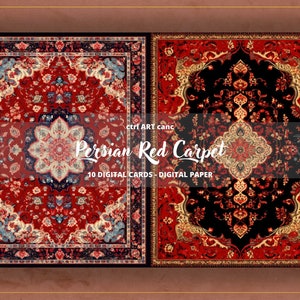 May include: Two digital paper designs featuring Persian red carpets with intricate patterns in red, blue, gold, and black. The text "Persian Red Carpet" is displayed on the image.