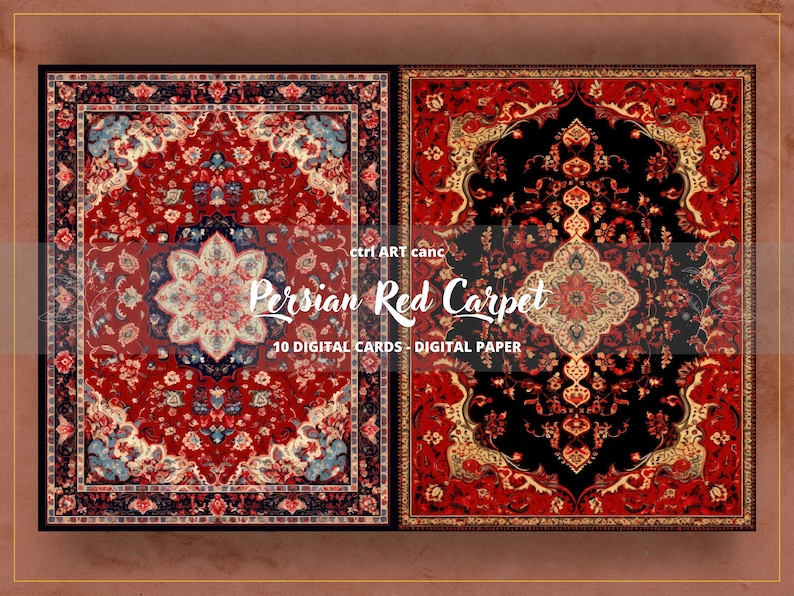 May include: Two digital paper designs featuring Persian red carpets with intricate patterns in red, blue, gold, and black. The text "Persian Red Carpet" is displayed on the image.