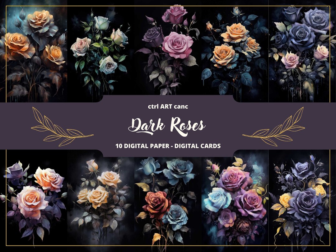 Dark Roses Bouquet Printable, Watercolor Dark Roses Digital Paper ...