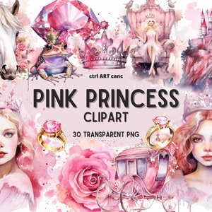 Watercolor Princess Clipart: Pink Party Invitation, Junk Journal (PNG Bundle)