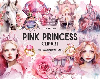 Aquarell Prinzessin Clipart: Rosa Party Einladung, Junk Journal (PNG Bundle)