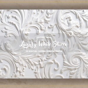 K&ouml;nnte beinhalten: Wei&szlig;e Stuckwand mit einem komplizierten, verzierten Blumenmuster. Der Text "Luxury White Stucco" und "10 Digital Cards - Digital Paper" ist auf die Wand gedruckt.