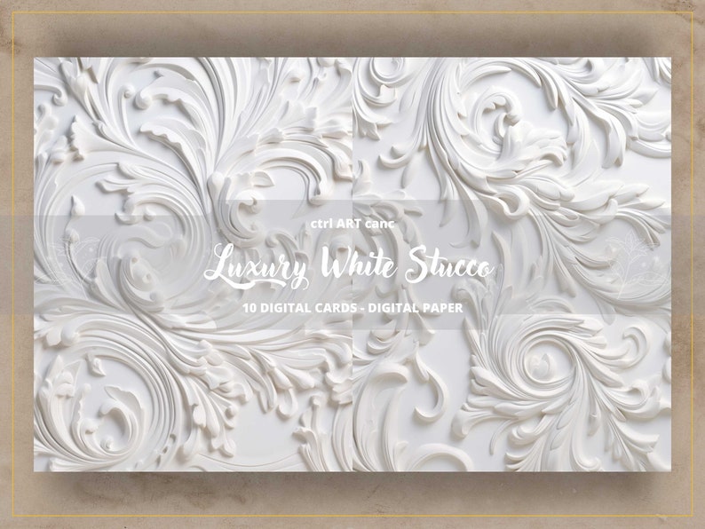 K&ouml;nnte beinhalten: Wei&szlig;e Stuckwand mit einem komplizierten, verzierten Blumenmuster. Der Text "Luxury White Stucco" und "10 Digital Cards - Digital Paper" ist auf die Wand gedruckt.