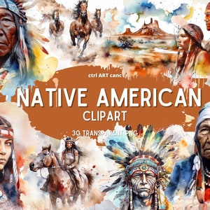 Puede incluir: Un conjunto de ilustraciones digitales de personas nativas americanas, caballos y paisajes. Las ilustraciones están pintadas en un estilo acuarela con colores vibrantes. El conjunto incluye 30 archivos PNG transparentes.