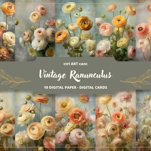 Vintage Ranunkeln zum Ausdrucken, Ranunkelpapier, romantisches Dekor, Journal-Kit, Journal-Seiten, Scrapbooking, Junk-Journal-Zubehör, Ephemera