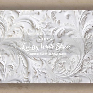 K&ouml;nnte beinhalten: Ein digitales Papierpaket mit 10 wei&szlig;en digitalen Karten mit einem strukturierten, verzierten, wei&szlig;en Stuckdesign. Der Text "Luxury White Stucco" ist in einer dekorativen Schriftart geschrieben.