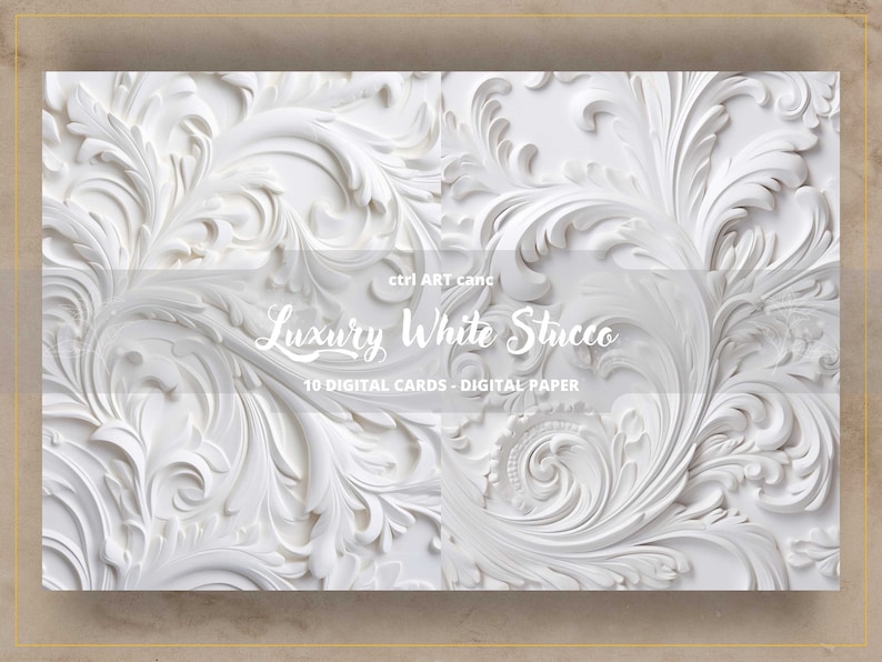 K&ouml;nnte beinhalten: Ein digitales Papierpaket mit 10 wei&szlig;en digitalen Karten mit einem strukturierten, verzierten, wei&szlig;en Stuckdesign. Der Text "Luxury White Stucco" ist in einer dekorativen Schriftart geschrieben.